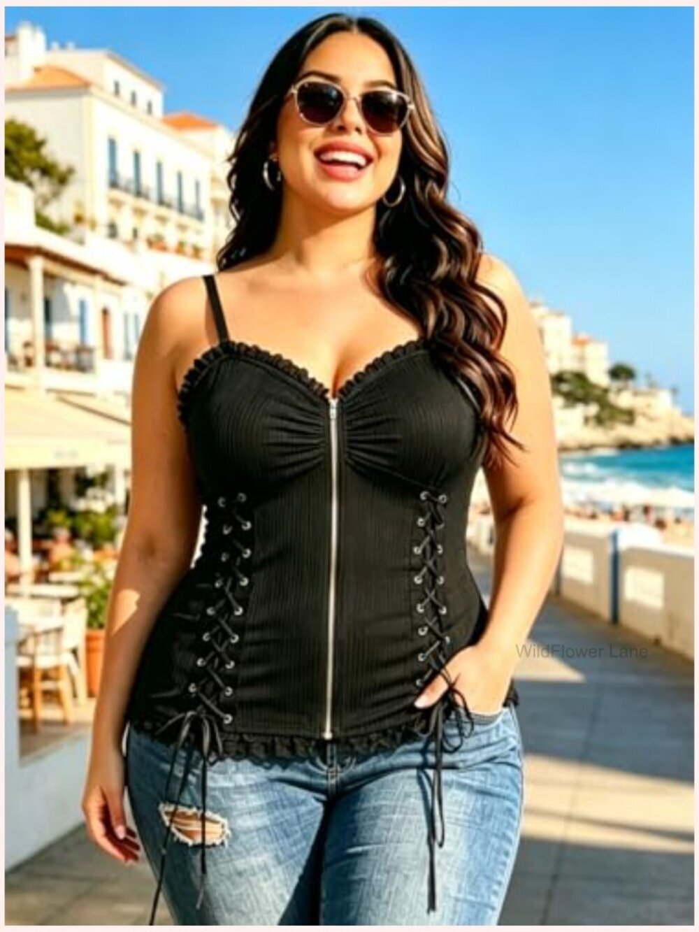 Women's Plus Size Lace Up Corset Cami Tank Top Gothic Tunic - Picture 2 of 7
